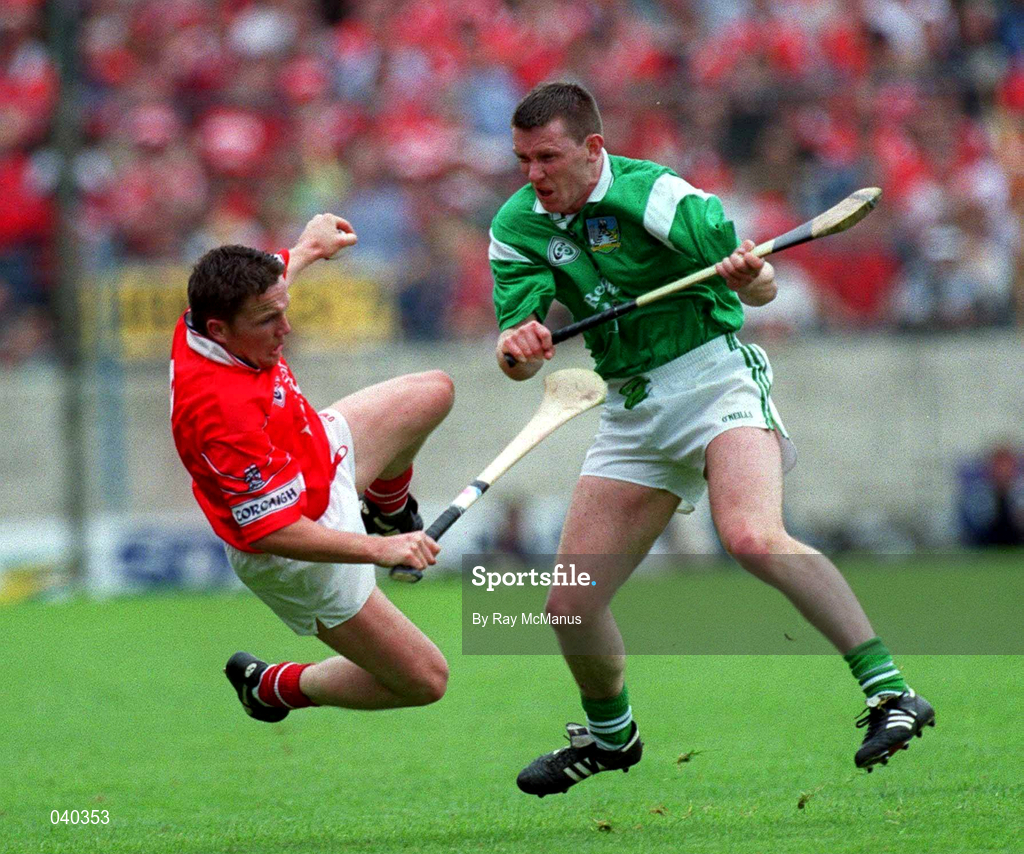 4 June 2000; Mark Foley of Limerick in action against Michael O'Connell, Cork during the Guinness Munster Senior Hurling Championship Semi-Final match between Cork and Limerick at Semple Stadium in Thurles, Tipperary. Photo by Ray McManus/Sportsfile