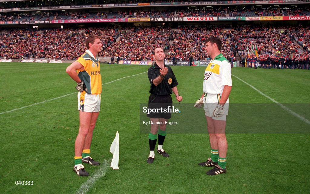 4 June 2000; Referee Michael Collins, Cork, tosses the coin between Offaly captain Sean Grennan and Meath captain Darren Fay prior to the Bank of Ireland Leinster Senior Football Championship Quarter-Final match between Offaly and Meath at Croke Park in Dublin. Photo by Damien Eagers/Sportsfile