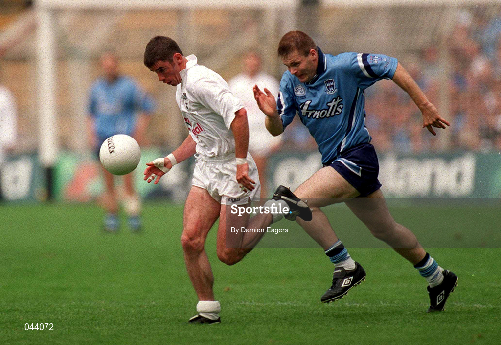 30 July 2000; Anthony Rainbow of Kildare in action against Dessie Farrell of Dublin during the Bank of Ireland Leinster Senior Football Championship Final between Dublin and Kildare at Croke Park in Dublin. Photo by Damien Eagers/Sportsfile
