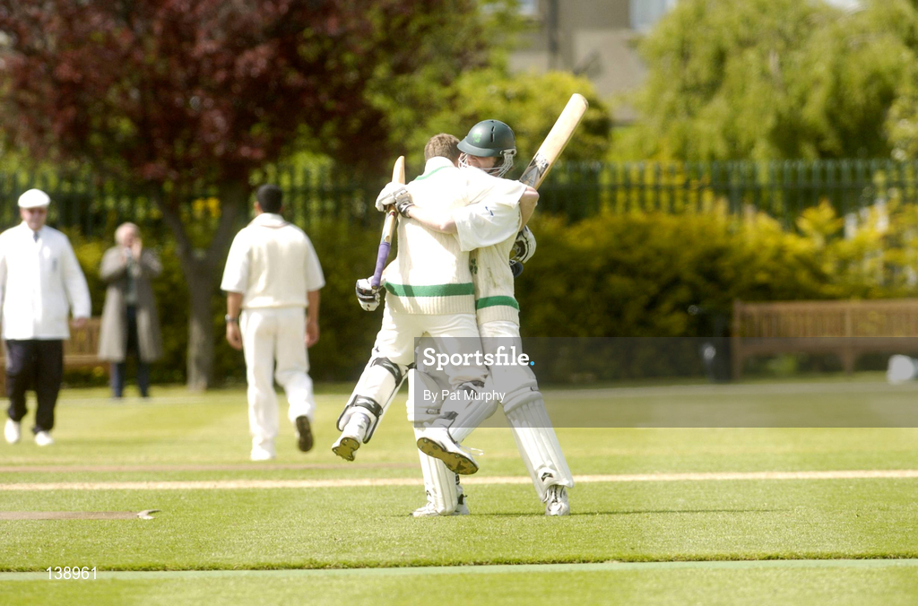 6 May 2004; Ireland batsmen Kyle McCallan and Andrew White, left, celebrate their victory during the Cheltenham & Gloucester Trophy Second Round match between Ireland and Surrey at Clontarf Cricket Club in Castle Avenue, Dublin. Photo by Pat Murphy/Sportsfile