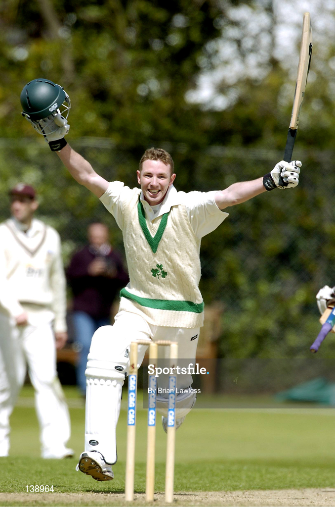 6 May 2004; Ireland batsman Andrew White celebrates after team-mate Kyle McCallan, not pictured, scored their winning run during the Cheltenham & Gloucester Trophy Second Round match between Ireland and Surrey at Clontarf Cricket Club in Castle Avenue, Dublin. Photo by Brian Lawless/Sportsfile