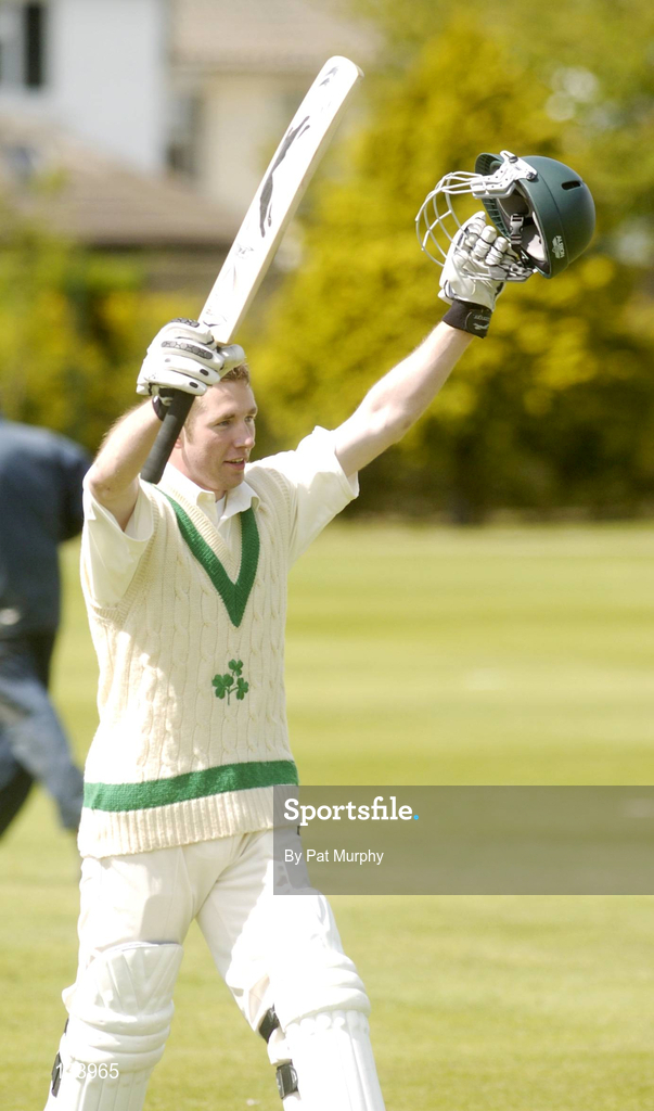 6 May 2004; Ireland batsman Andrew White celebrates after team-mate Kyle McCallan, not pictured, scored the winning run during the Cheltenham & Gloucester Trophy Second Round match between Ireland and Surrey at Clontarf Cricket Club in Castle Avenue, Dublin. Photo by Pat Murphy/Sportsfile