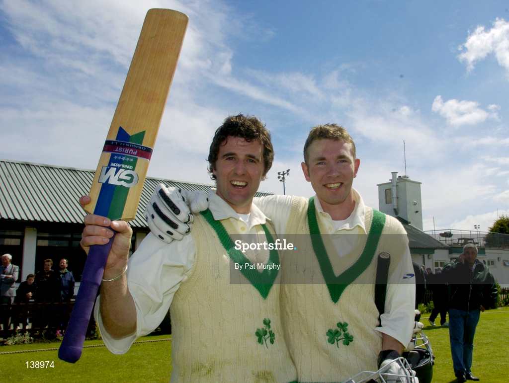6 May 2004; Ireland batsmen Kyle McCallan, who scored the winning run, and Andrew White, left, celebrate following the Cheltenham & Gloucester Trophy Second Round match between Ireland and Surrey at Clontarf Cricket Club in Castle Avenue, Dublin. Photo by Pat Murphy/Sportsfile