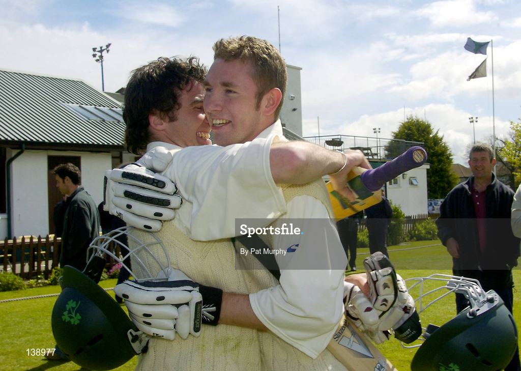 6 May 2004; Ireland batsmen Andrew White, right, and Kyle McCallan, who scored the winning run, celebrate following the Cheltenham & Gloucester Trophy Second Round match between Ireland and Surrey at Clontarf Cricket Club in Castle Avenue, Dublin. Photo by Pat Murphy/Sportsfile