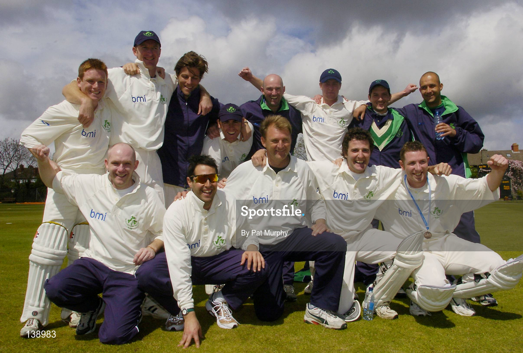 6 May 2004; The Ireland team celebrate victory following the Cheltenham & Gloucester Trophy Second Round match between Ireland and Surrey at Clontarf Cricket Club in Castle Avenue, Dublin. Photo by Pat Murphy/Sportsfile