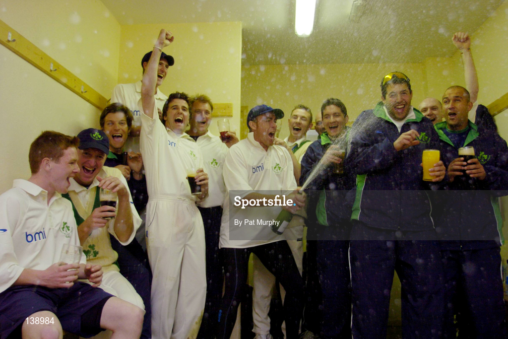 6 May 2004; The Ireland team celebrate victory following the Cheltenham & Gloucester Trophy Second Round match between Ireland and Surrey at Clontarf Cricket Club in Castle Avenue, Dublin. Photo by Pat Murphy/Sportsfile