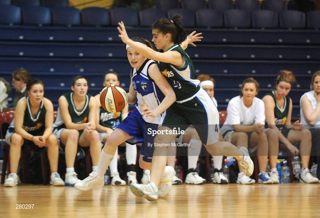 26 January 2008; Emma Gallagher, Team Montenotte Hotel Cork, in action against Lorenza Calfolla, Meteors. Women's U-20 National Cup Final 2008, Team Montenotte Hotel Cork v Meteors, National Basketball Arena, Tallaght, Dublin. Picture credit: Stephen McCarthy / SPORTSFILE *** Local Caption ***
