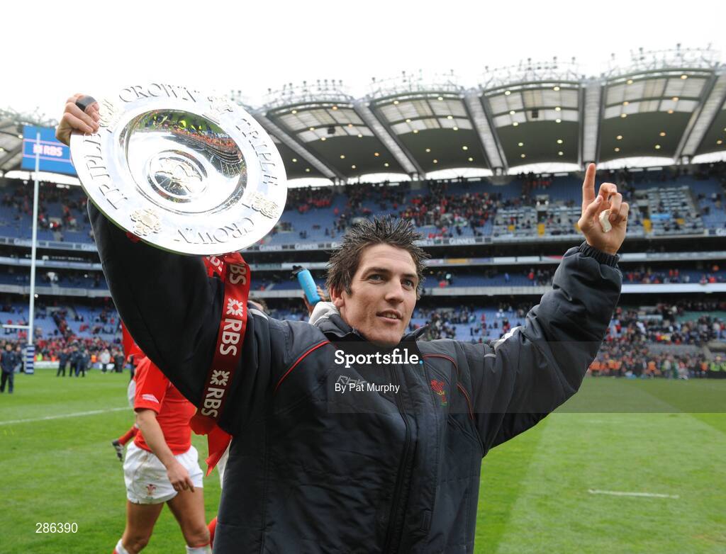8 March 2008; James Hook, Wales, with the Triple Crown Trophy after the game. RBS Six Nations Rugby Championship, Ireland v Wales, Croke Park, Dublin. Picture credit: Pat Murphy / SPORTSFILE