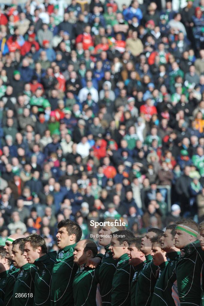 8 March 2008; The Ireland players line up for the National Anthem. RBS Six Nations Rugby Championship, Ireland v Wales, Croke Park, Dublin. Picture credit: Brendan Moran / SPORTSFILE