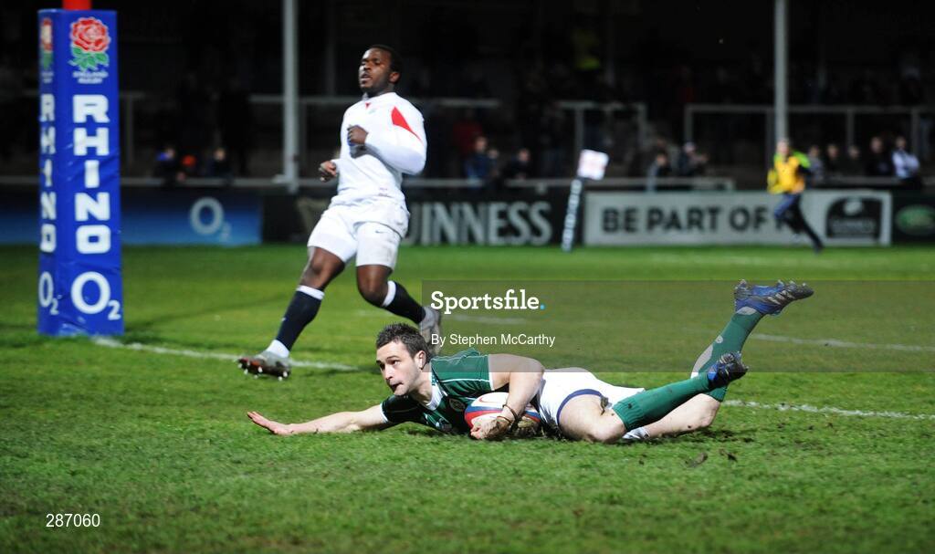 14 March 2008; David Kearney, Ireland, goes over to score his side's first try. U20 Six Nations Rugby Championship, England U20 v Ireland U20, Kingsholm, Gloucester, England. Picture credit: Stephen McCarthy / SPORTSFILE