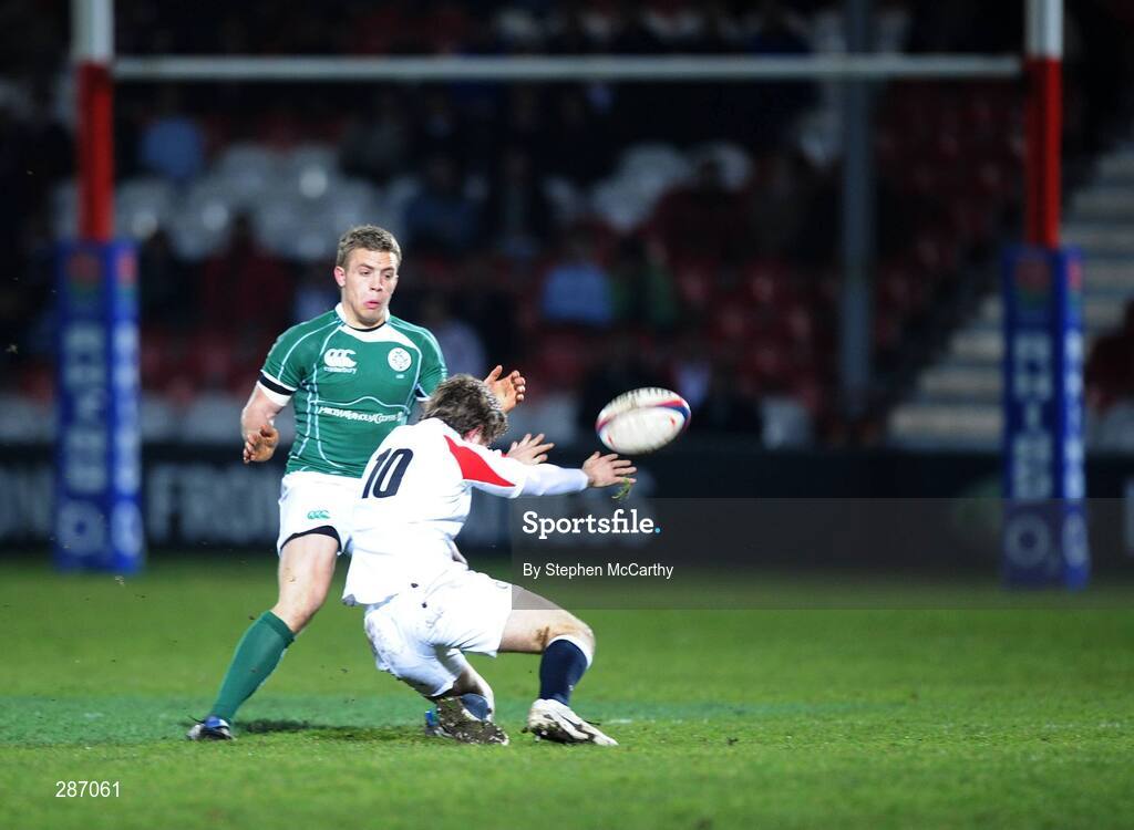 14 March 2008; Ian Madigan, Ireland, has his kick blocked down by Adam Greendale, England. U20 Six Nations Rugby Championship, England U20 v Ireland U20, Kingsholm, Gloucester, England. Picture credit: Stephen McCarthy / SPORTSFILE