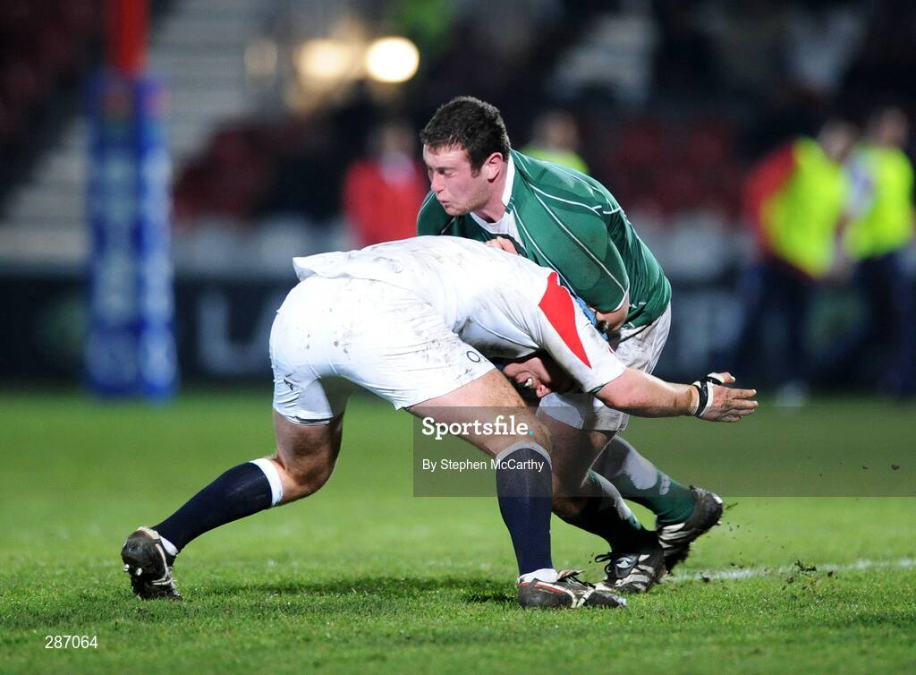 14 March 2008; Ben Barclay, Ireland, is tackled by Joe Gray, England. U20 Six Nations Rugby Championship, England U20 v Ireland U20, Kingsholm, Gloucester, England. Picture credit: Stephen McCarthy / SPORTSFILE