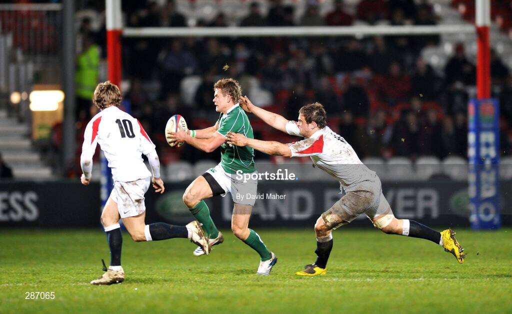 14 March 2008; David Moore, Ireland, is tackled by Jon Fisher, right, and Adam Greendale, England. U20 Six Nations Rugby Championship, England U20 v Ireland U20, Kingsholm, Gloucester, England. Picture credit: David Maher / SPORTSFILE