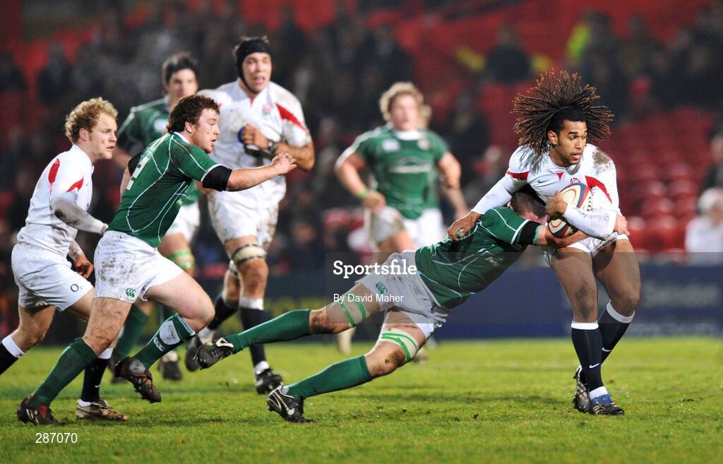 14 March 2008; Noah Cato, England, is tackled by Kieran Essex, Ireland. U20 Six Nations Rugby Championship, England U20 v Ireland U20, Kingsholm, Gloucester, England. Picture credit: David Maher / SPORTSFILE