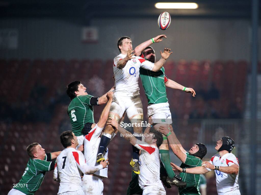 14 March 2008; Ireland's David Nolan and England's Jon Fisher contest the lineout. U20 Six Nations Rugby Championship, England U20 v Ireland U20, Kingsholm, Gloucester, England. Picture credit: Stephen McCarthy / SPORTSFILE