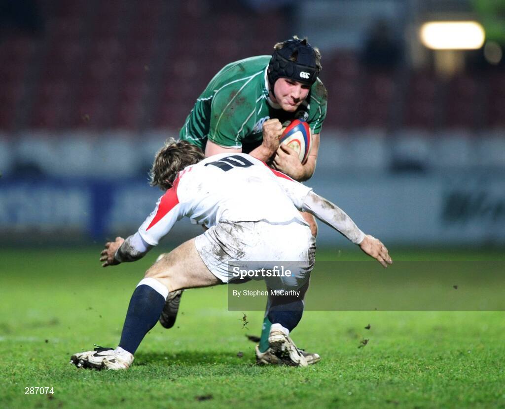 14 March 2008; Patrick Mallon, Ireland, is tackled by Adam Greendale, England. U20 Six Nations Rugby Championship, England U20 v Ireland U20, Kingsholm, Gloucester, England. Picture credit: Stephen McCarthy / SPORTSFILE