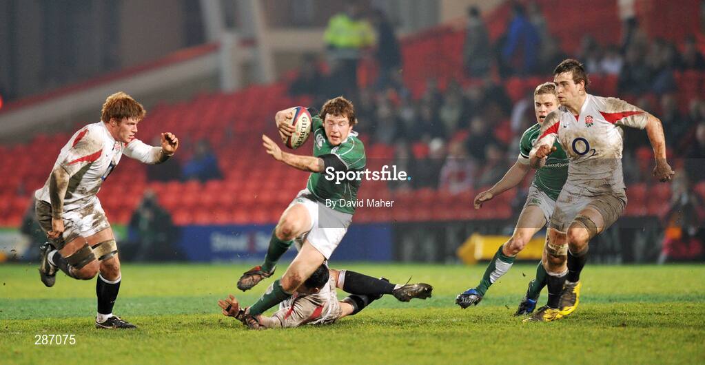 14 March 2008; Conor Cleary, Ireland, is tackled by Matt Cox, England. U20 Six Nations Rugby Championship, England U20 v Ireland U20, Kingsholm, Gloucester, England. Picture credit: David Maher / SPORTSFILE