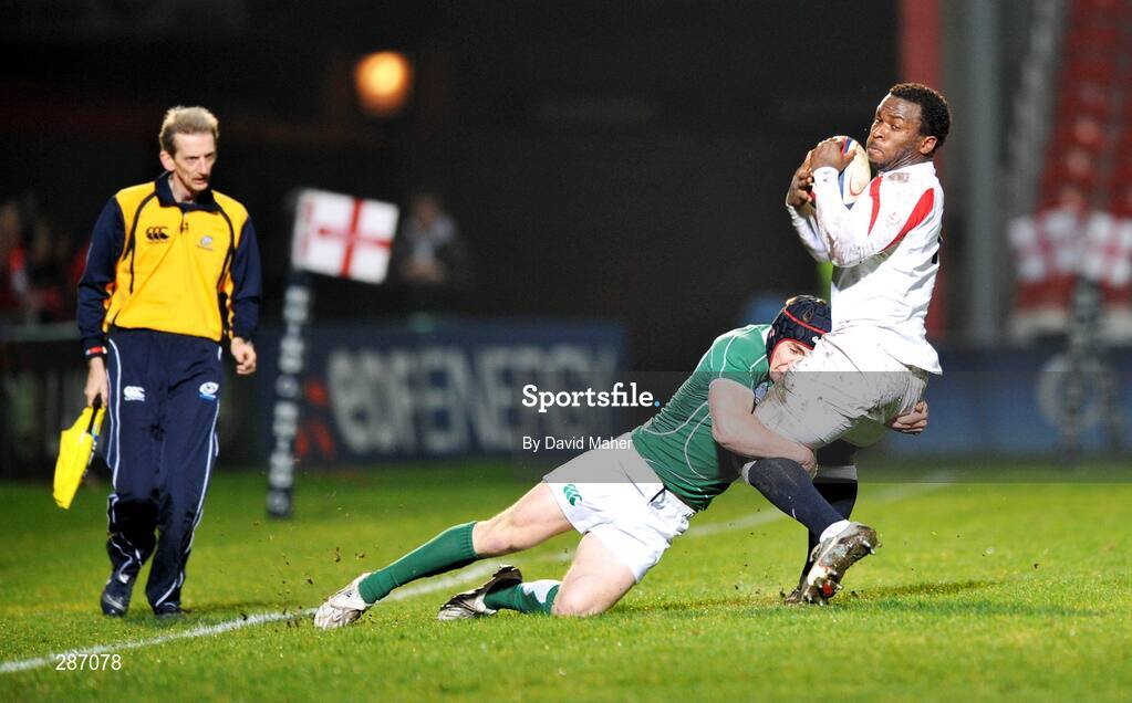 14 March 2008; Mark Odejobi, England, is tackled by Sean Scanlon, Ireland. U20 Six Nations Rugby Championship, England U20 v Ireland U20, Kingsholm, Gloucester, England. Picture credit: David Maher / SPORTSFILE