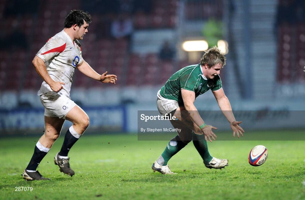 14 March 2008; Ireland's Jason Harris-Wright and England's Nathan Catt contest the loose ball. U20 Six Nations Rugby Championship, England U20 v Ireland U20, Kingsholm, Gloucester, England. Picture credit: Stephen McCarthy / SPORTSFILE