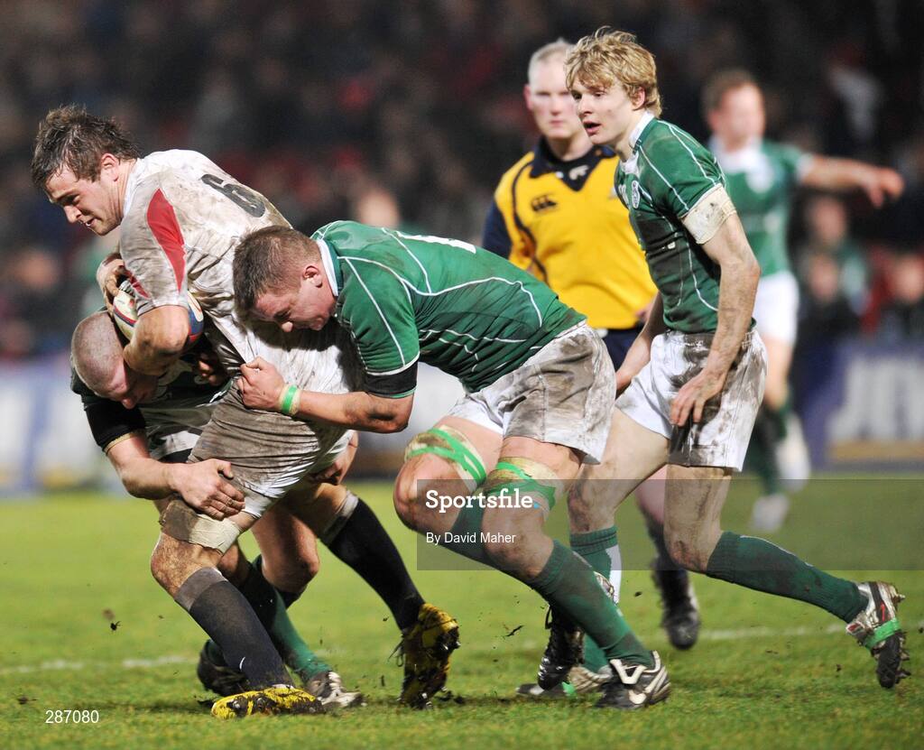 14 March 2008; England's Jon Fisher is tackled by Ireland's Kieran Essex and Paul Ryan, left. U20 Six Nations Rugby Championship, England U20 v Ireland U20, Kingsholm, Gloucester, England. Picture credit: David Maher / SPORTSFILE