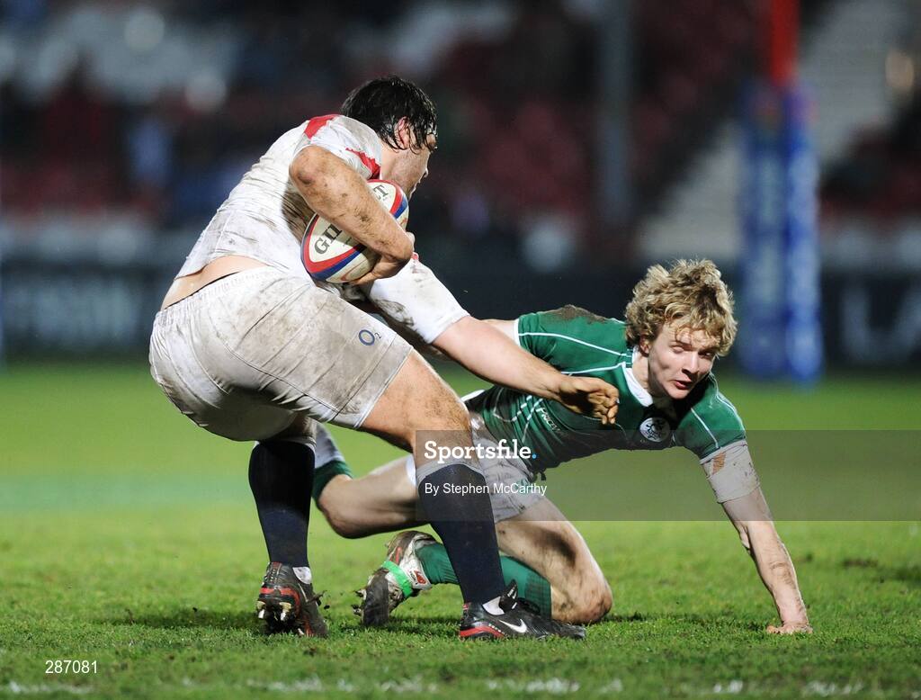 14 March 2008; Alex Corbisiero, England, is tackled by Chris Cochrane, Ireland. U20 Six Nations Rugby Championship, England U20 v Ireland U20, Kingsholm, Gloucester, England. Picture credit: Stephen McCarthy / SPORTSFILE