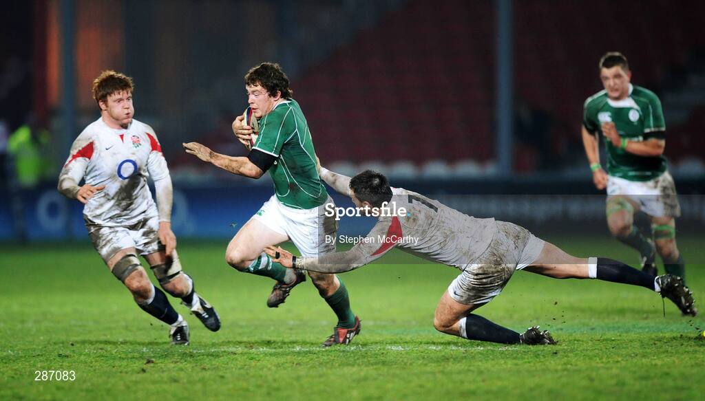 14 March 2008; Ireland's Conor Cleary is tackled by England's Matt Cox and Hugo Ellis, left. U20 Six Nations Rugby Championship, England U20 v Ireland U20, Kingsholm, Gloucester, England. Picture credit: Stephen McCarthy / SPORTSFILE