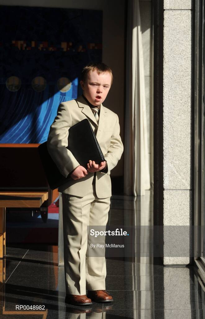 12 March 2008; Ten-year-old Special Olympics athlete Josh Hennessy, from Speisialta Special Olympics Club, Clondalkin, arrives to 'seal the deal' with Cathal Magee, Managing Director, eircom Retail, at the announcement that eircom has renewed its sponsorship of Special Olympics Ireland for another four years. eircom offices, St. Stephen's Green, Dublin. Picture credit: Ray McManus / SPORTSFILE