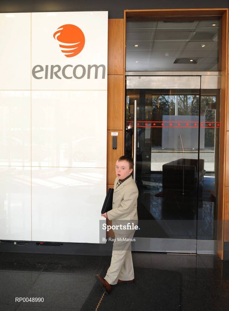 12 March 2008; Ten-year-old Special Olympics athlete Josh Hennessy, from Speisialta Special Olympics Club, Clondalkin, arrives to 'seal the deal' with Cathal Magee, Managing Director, eircom Retail, at the announcement that eircom has renewed its sponsorship of Special Olympics Ireland for another four years. eircom offices, St. Stephen's Green, Dublin. Picture credit: Ray McManus / SPORTSFILE