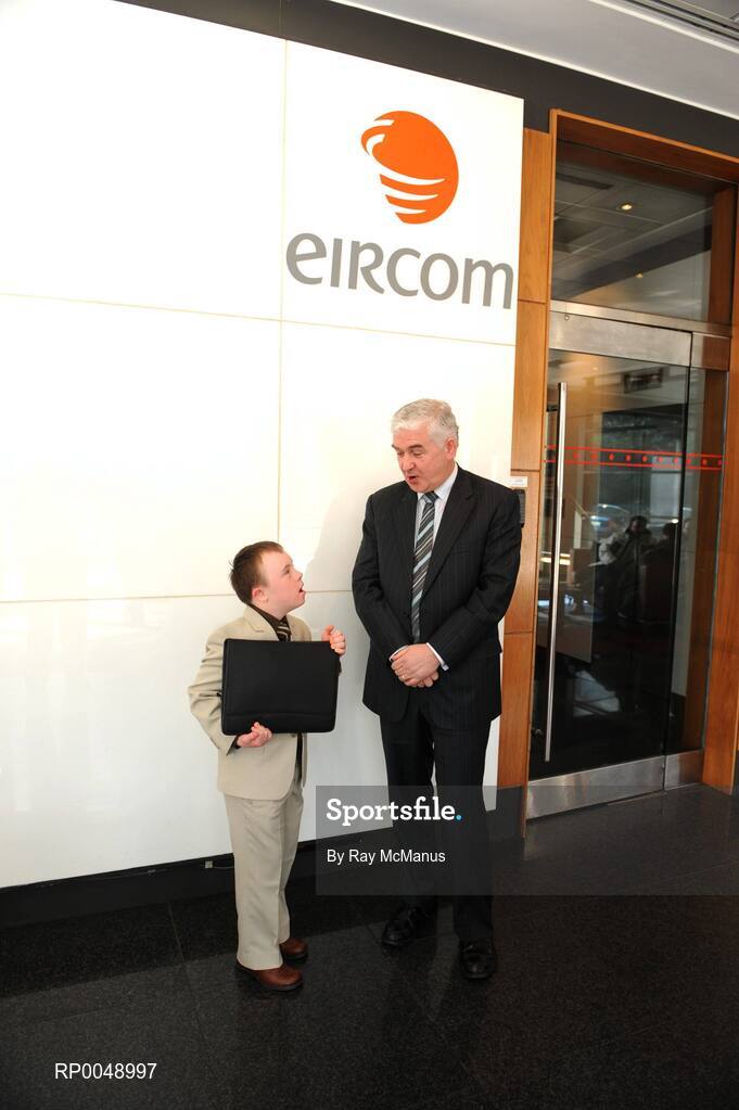 12 March 2008; Ten-year-old Special Olympics athlete Josh Hennessy, from Speisialta Special Olympics Club, Clondalkin, 'seals the deal' with Cathal Magee, Managing Director, eircom Retail, at the announcement that eircom has renewed its sponsorship of Special Olympics Ireland for another four years. eircom offices, St. Stephen's Green, Dublin. Picture credit: Ray McManus / SPORTSFILE