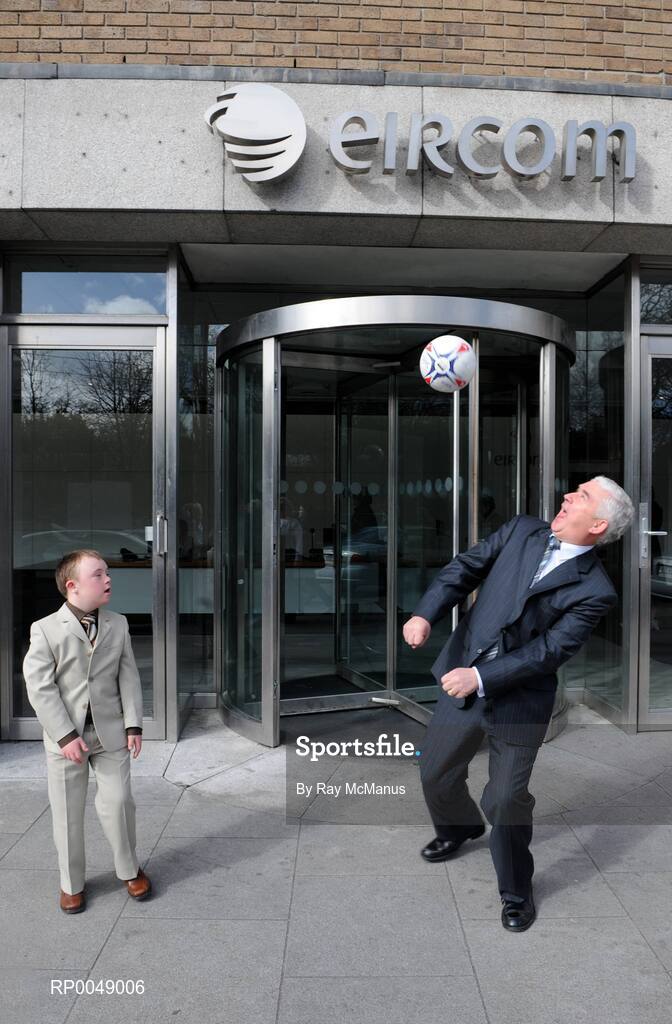 12 March 2008; Ten-year-old Special Olympics athlete Josh Hennessy, from Speisialta Special Olympics Club, Clondalkin, 'seals the deal' with Cathal Magee, Managing Director, eircom Retail, at the announcement that eircom has renewed its sponsorship of Special Olympics Ireland for another four years. eircom offices, St. Stephen's Green, Dublin. Picture credit: Ray McManus / SPORTSFILE