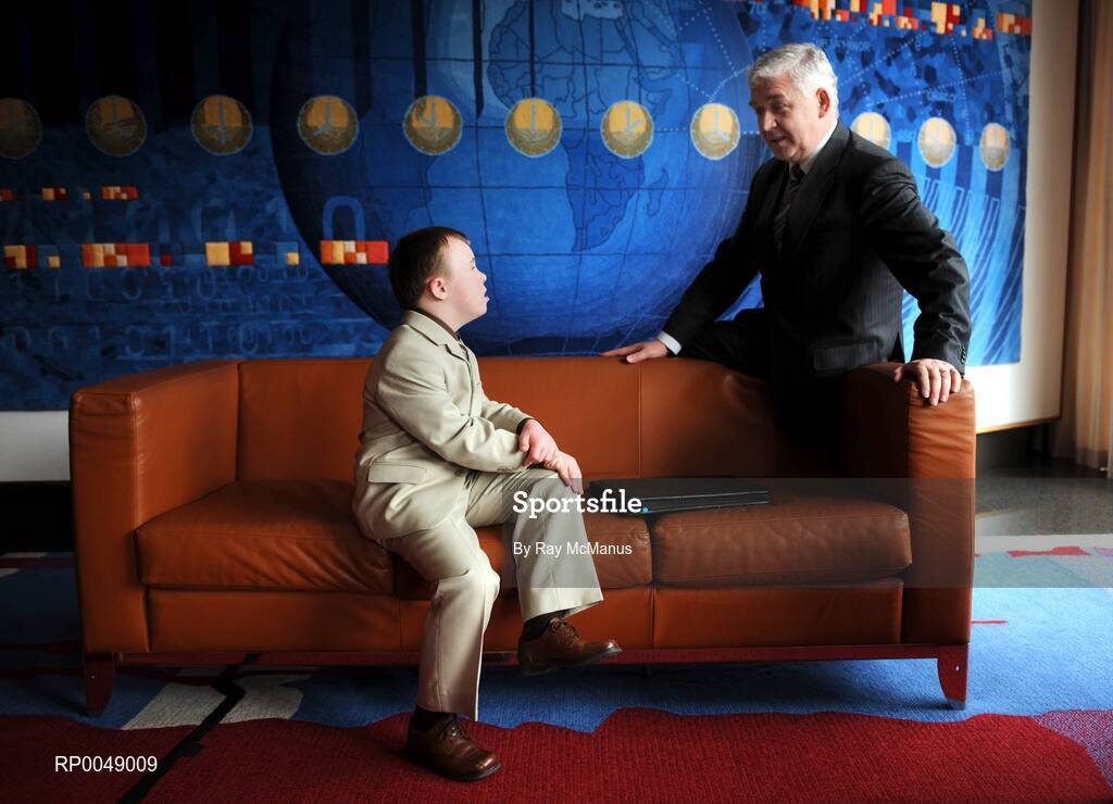 12 March 2008; Ten-year-old Special Olympics athlete Josh Hennessy, from Speisialta Special Olympics Club, Clondalkin, seals the deal with Cathal Magee, Managing Director, eircom Retail, at the announcement that eircom has renewed its sponsorship of Special Olympics Ireland for another four years. eircom offices, St. Stephen's Green, Dublin. Picture credit: Ray McManus / SPORTSFILE