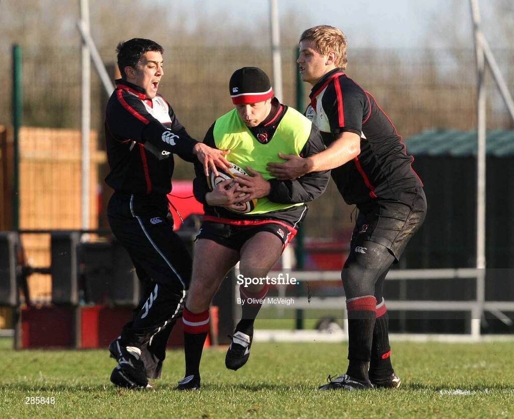 6 February 2008; Ulster's Brynn Cunningham is tackled by team-mates Kieran Campbell and Thomas Anderson during squad training. Ulster rugby squad training, Newforge, Belfast, Co. Antrim. Picture credit; Oliver McVeigh / SPORTSFILE