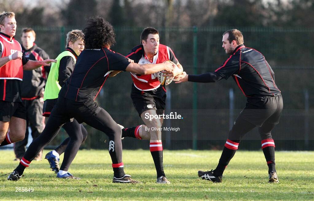 6 February 2008; Ulster's Ryan Caldwell is tackled by team-mates Filo Paulo and Matt McCullough during squad training. Ulster rugby squad training, Newforge, Belfast, Co. Antrim. Picture credit; Oliver McVeigh / SPORTSFILE