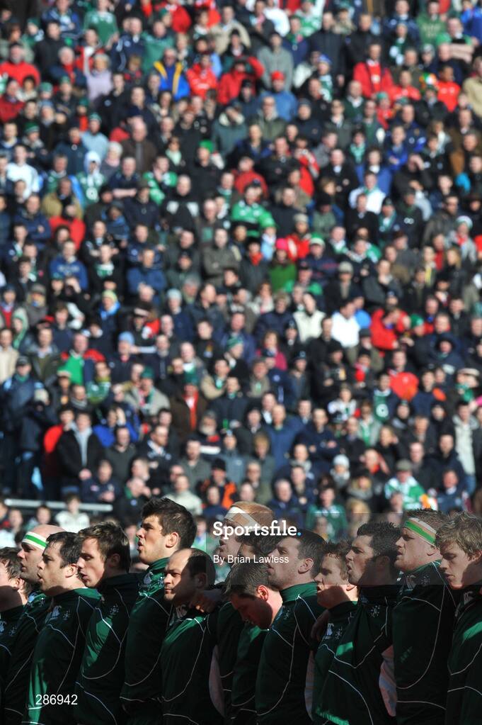 8 March 2008; Ireland players stand for the National Anthem. RBS Six Nations Rugby Championship, Ireland v Wales, Croke Park, Dublin. Picture credit: Brian Lawless / SPORTSFILE