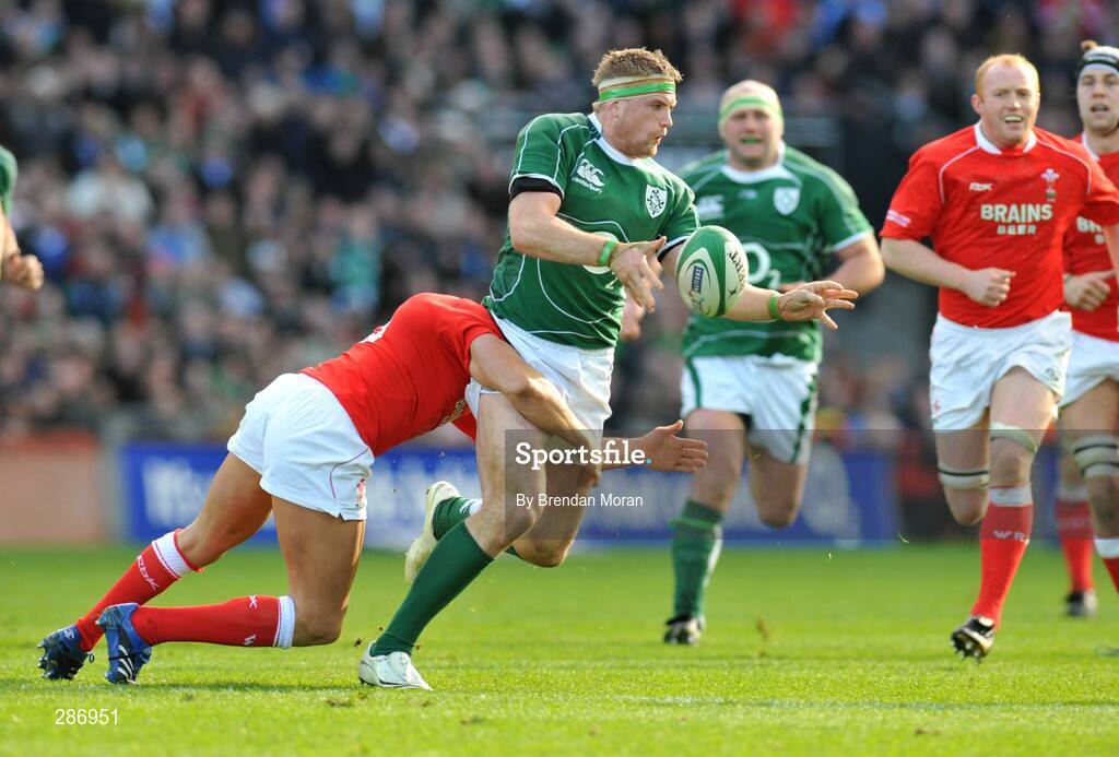 8 March 2008; Jamie Heaslip, Ireland, in action against Lee Byrne, Wales. RBS Six Nations Rugby Championship, Ireland v Wales, Croke Park, Dublin. Picture credit: Brian Lawless / SPORTSFILE