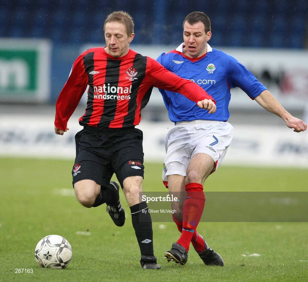 2 February 2008; Steven Coulter, Crusaders, in action against Damian Curran, Linfield. CIS Insurance Cup Final, Crusaders v Linfield, Windsor Park, Belfast, Co. Antrim. Picture credit; Oliver McVeigh / SPORTSFILE