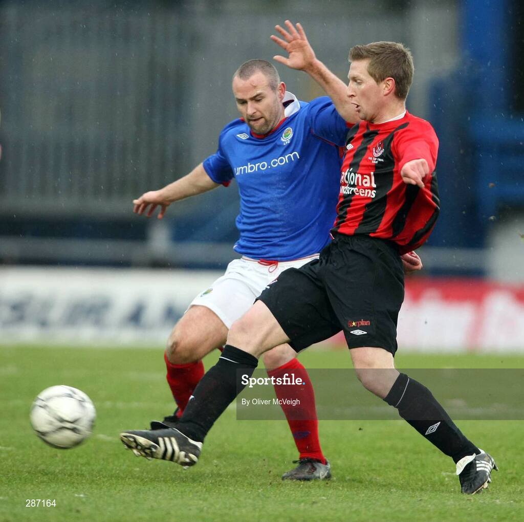 2 February 2008; Eamon Doherty, Crusaders, in action against Conor Downey,  Linfield. CIS Insurance Cup Final, Crusaders v Linfield, Windsor Park, Belfast, Co. Antrim. Picture credit; Oliver McVeigh / SPORTSFILE