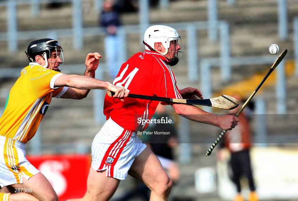 16 March 2008; Kevin Canty, Cork, in action against Ciaran Herron, Antrim. Allianz National Hurling League, Division 1A, Round 4, Antrim v Cork, Casement Park, Belfast, Co. Antrim. Picture credit; Peter Morrison / SPORTSFILE