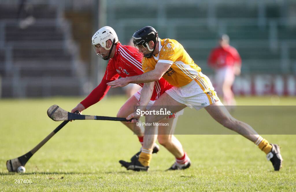 16 March 2008; Timmy Mc Carthy, Cork, in action against Ciaron Herron, Antrim. Allianz National Hurling League, Division 1A, Round 4, Antrim v Cork, Casement Park, Belfast, Co. Antrim. Picture credit; Peter Morrison / SPORTSFILE