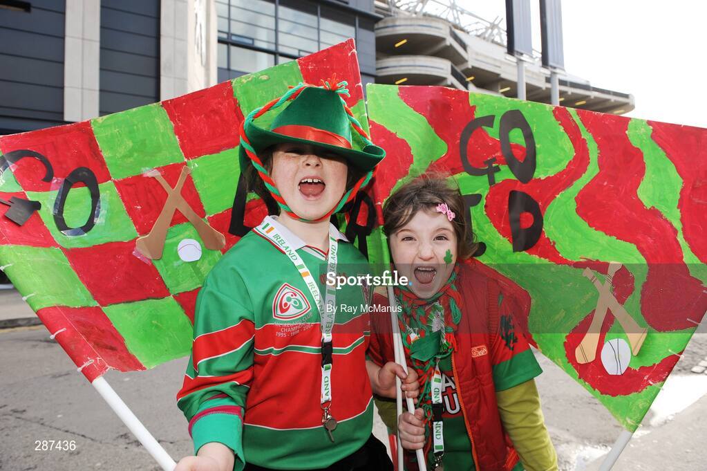 17 March 2008; Birr supporters Aoibhe and Brooke Whelahan, daughters of team captain Brian, cheer on their team before the game. AIB All-Ireland Club Hurling Final - Portumna v Birr, Croke Park, Dublin. Picture credit; Ray McManus / SPORTSFILE