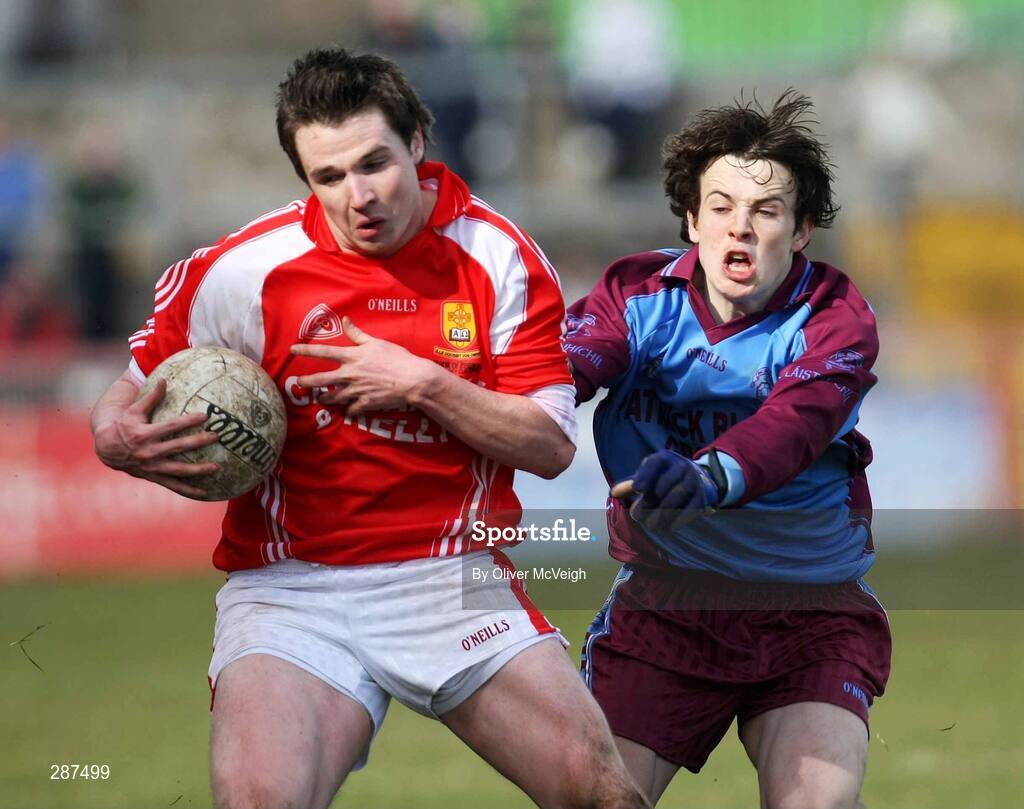 17 March 2008; Patrick Doherty, St. Patrick's Academy Dungannon, in action against Joe O'Brien, St. Michael's Enniskillen. Bank of Ireland MacRory Cup Final, St. Michael's Enniskillen v St. Patrick's Academy Dungannon, Healy Park, Omagh, Co Tyrone. Picture credit; Oliver McVeigh / SPORTSFILE