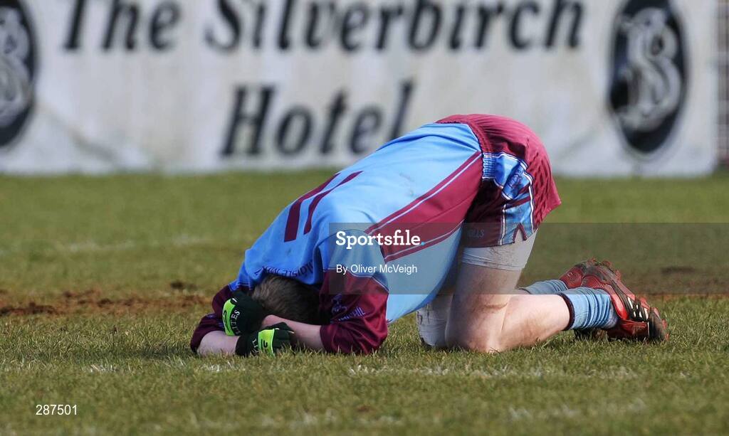 17 March 2008; A dejected Daryl Keenan, St. Michael's Enniskillen, at the final whistle. Bank of Ireland MacRory Cup Final, St. Michael's Enniskillen v St. Patrick's Academy Dungannon, Healy Park, Omagh, Co Tyrone. Picture credit; Oliver McVeigh / SPORTSFILE