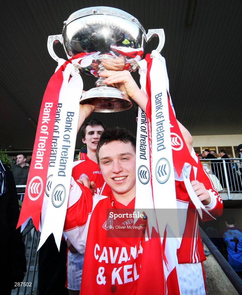 17 March 2008; St. Patrick's Academy Dungannon captain Ryan Pickering lifts the MacRory cup after the game. Bank of Ireland MacRory Cup Final, St. Michael's Enniskillen v St. Patrick's Academy Dungannon, Healy Park, Omagh, Co Tyrone. Picture credit; Oliver McVeigh / SPORTSFILE