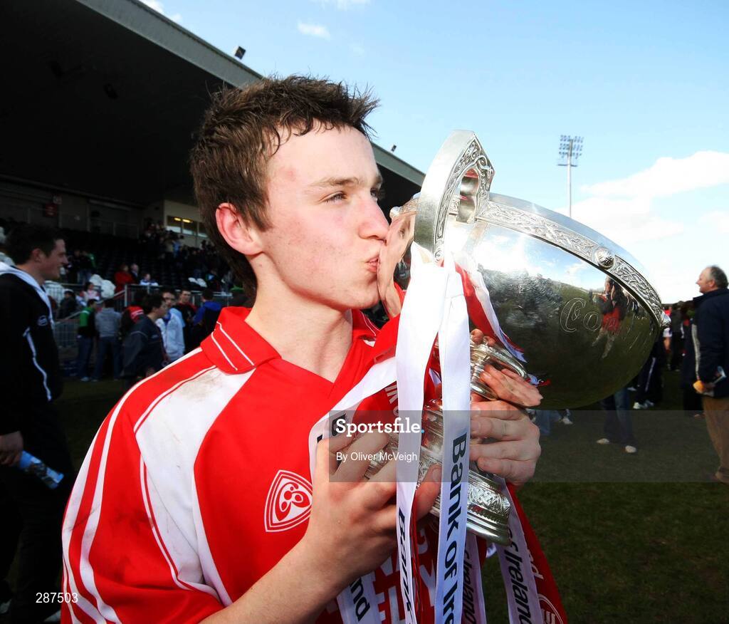 17 March 2008; St. Patrick's Academy Dungannon captain Ryan Pickering kisses the MacRory cup after the game. Bank of Ireland MacRory Cup Final, St Michael's Enniskillen v St. Patrick's Academy Dungannon, Healy Park, Omagh, Co Tyrone. Picture credit; Oliver McVeigh / SPORTSFILE