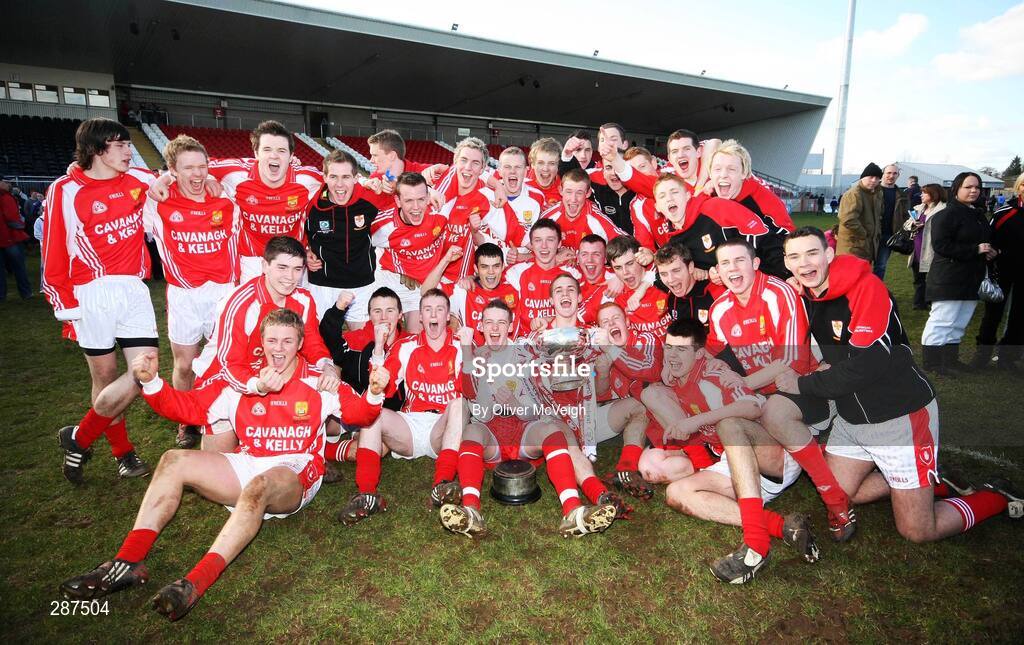 17 March 2008; St. Patrick's Academy Dungannon squad celebrate with the MacRory cup after the game. Bank of Ireland MacRory Cup Final, St. Michael's Enniskillen v St. Patrick's Academy Dungannon, Healy Park, Omagh, Co Tyrone. Picture credit; Oliver McVeigh / SPORTSFILE