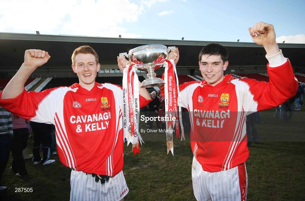 17 March 2008; St. Patrick's Academy Dungannon players, Niall McKenna and Tiernan O'Hagan, sons of famous fathers, former Tyrone greats, Eugene McKenna and Damien O'Hagan, celebrate with the MacRory cup after the game. Bank of Ireland MacRory Cup Final, St. Michael's Enniskillen v St. Patrick's Academy Dungannon, Healy Park, Omagh, Co Tyrone. Picture credit; Oliver McVeigh / SPORTSFILE