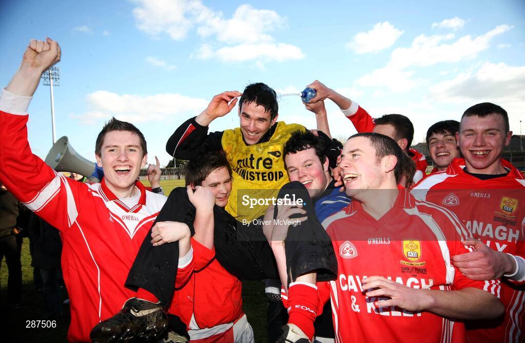 17 March 2008; The St. Patrick's Academy Dungannon players celebrate after the game with Ciaran Gourley, joint manager and present Tyrone player. Bank of Ireland MacRory Cup Final, St. Michael's Enniskillen v St. Patrick's Academy Dungannon, Healy Park, Omagh, Co Tyrone. Picture credit; Oliver McVeigh / SPORTSFILE