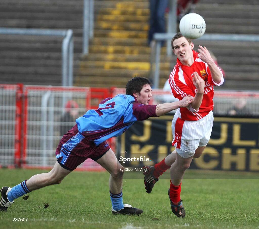 17 March 2008; Dermot Thornton, St. Patrick's Academy Dungannon, in action against Martin Quigley, St Michael's Enniskillen. Bank of Ireland MacRory Cup Final, St. Michael's Enniskillen v St. Patrick's Academy Dungannon, Healy Park, Omagh, Co Tyrone. Picture credit; Oliver McVeigh / SPORTSFILE
