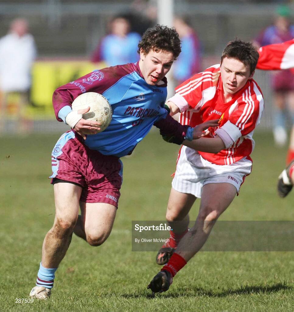 17 March 2008; Chris O'Brien, St. Michael's Enniskillen, in action against Ryan Pickering, St. Patrick's Academy Dungannon. Bank of Ireland MacRory Cup Final, St. Michael's Enniskillen v St. Patrick's Academy Dungannon, Healy Park, Omagh, Co Tyrone. Picture credit; Oliver McVeigh / SPORTSFILE