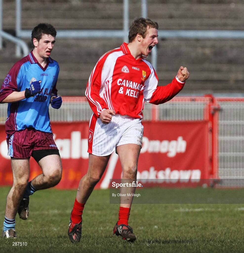 17 March 2008; Conal McGarrity, St. Patrick's Academy Dungannon celebrates after scoring the winning point deep in injury-time. Bank of Ireland MacRory Cup Final, St. Michael's Enniskillen v St. Patrick's Academy Dungannon, Healy Park, Omagh, Co Tyrone. Picture credit; Oliver McVeigh / SPORTSFILE